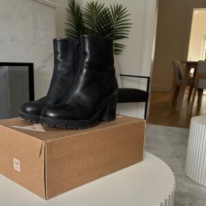 Black Leather Platform Ankle Boots with Block Heel - Women's